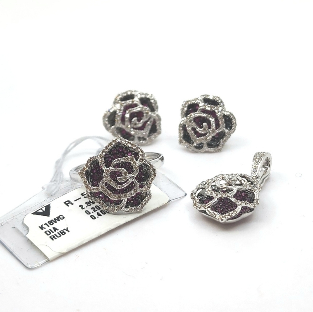 Elegant 18K WG with Ruby Pave Setting Full Jewelry Set